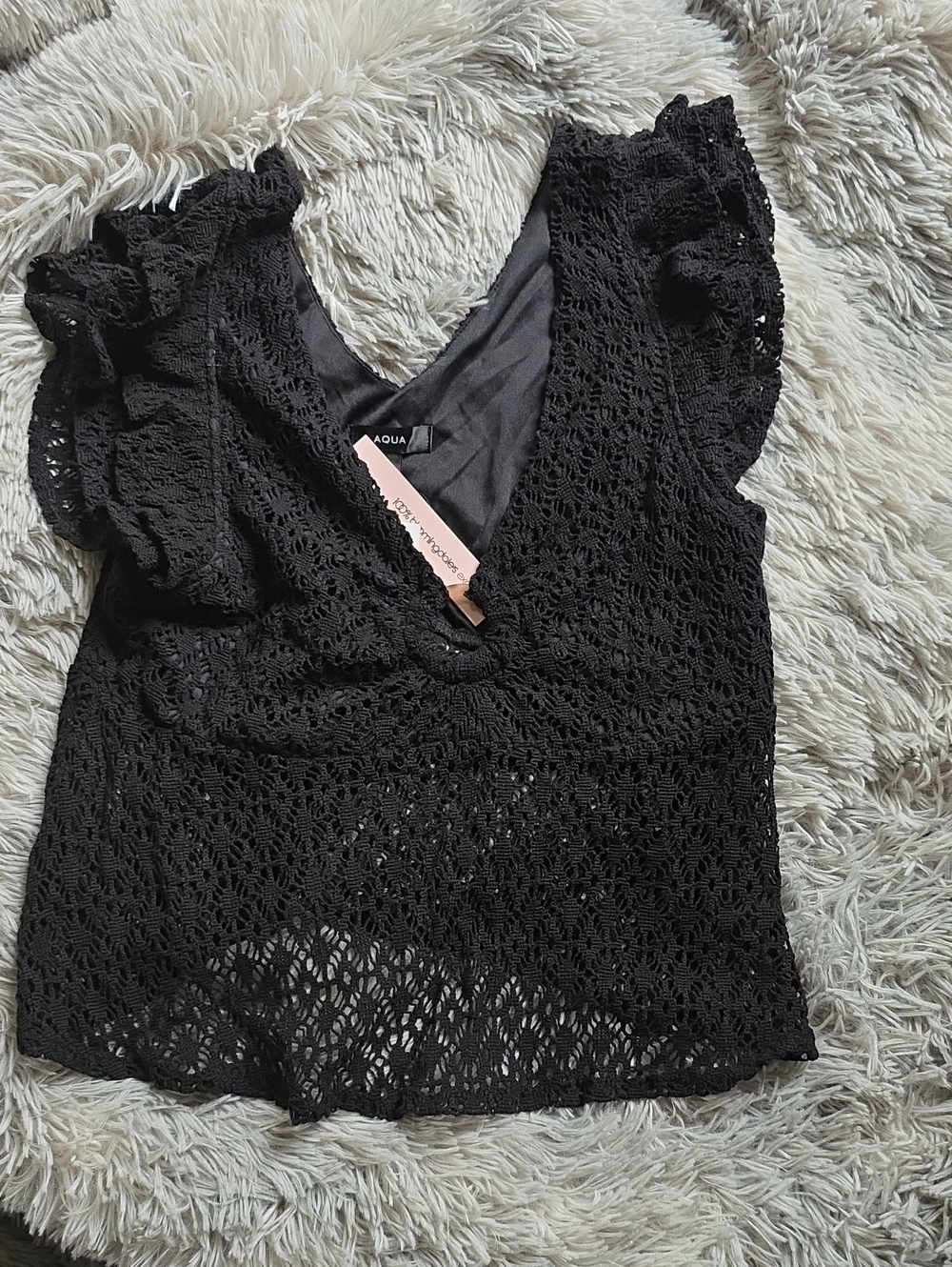 Aqua Black Crochet V-Neck Flutter Sleeve Top